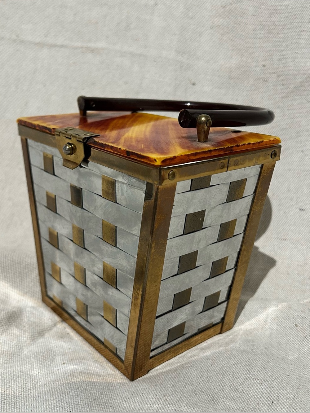 Etra 50s Vintage Metal & Brass Checkerbox Handbag with Tortoiseshell Top